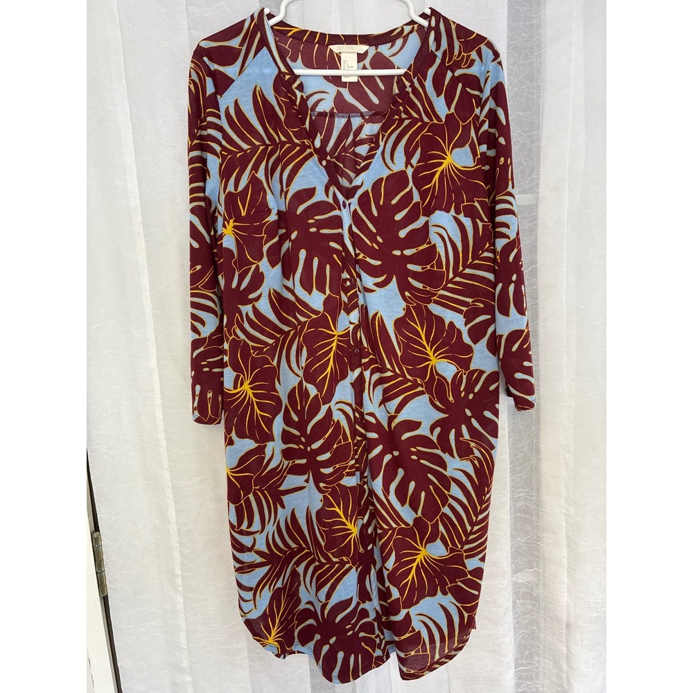 HM Womens Burgundy Blue Tropical Monstera Leaf Print Button Front Tunic‎ Dress L